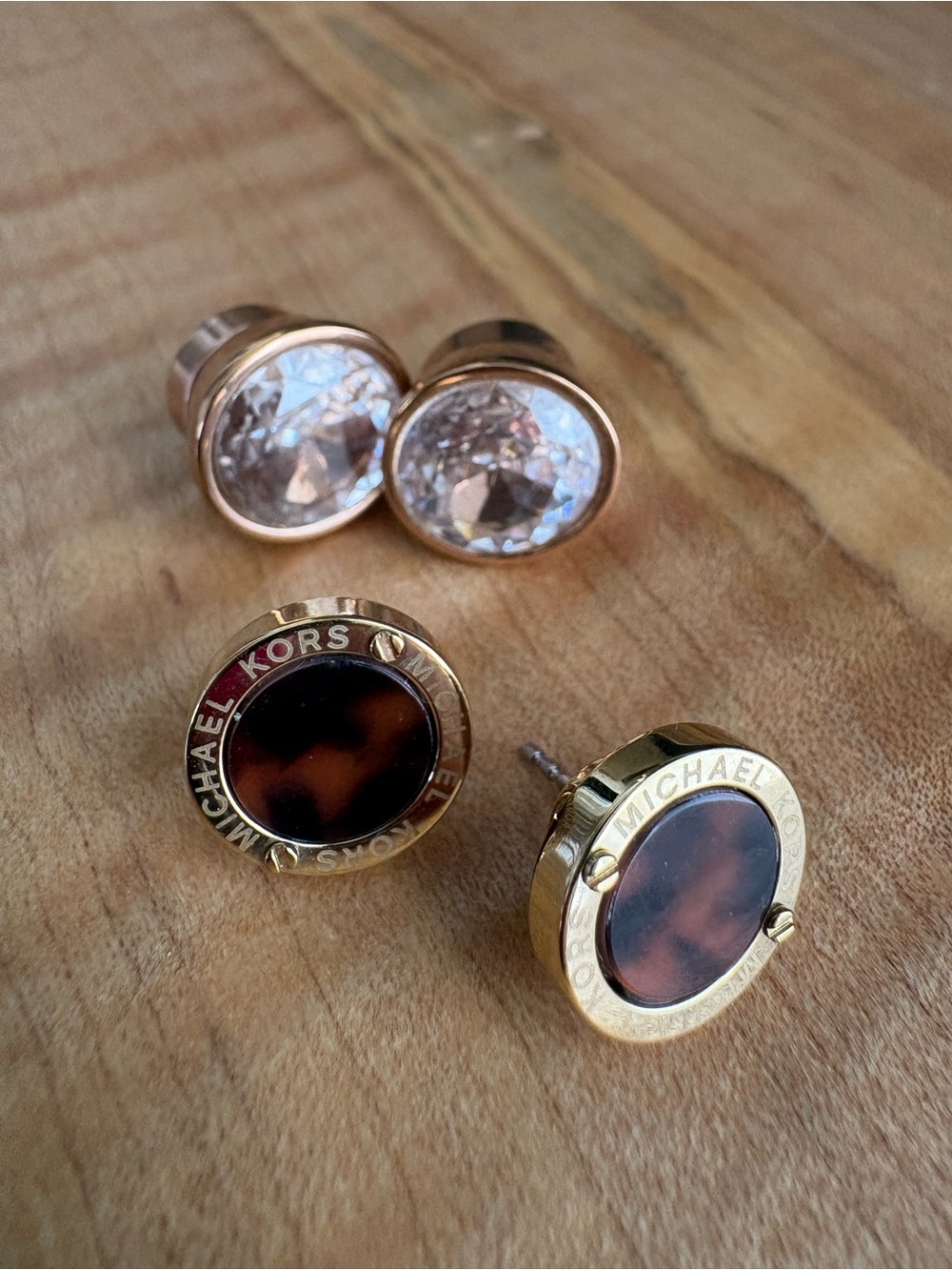 2 Pairs of Michael Kors Gold-Tone Tortoiseshell Rosegold CZ Round Stud Earrings